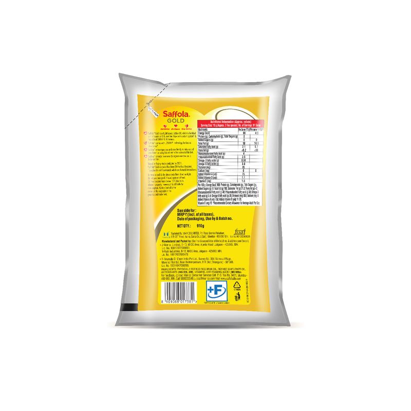 Saffola Gold Refined Cooking oil | Power of 3 - Balance of Good Fats, Triple Anti-Oxidant System & Fortified with Vitamins | Multi-Source Edible Rice Bran & Sunflower Oil | 1 Litre Pouch