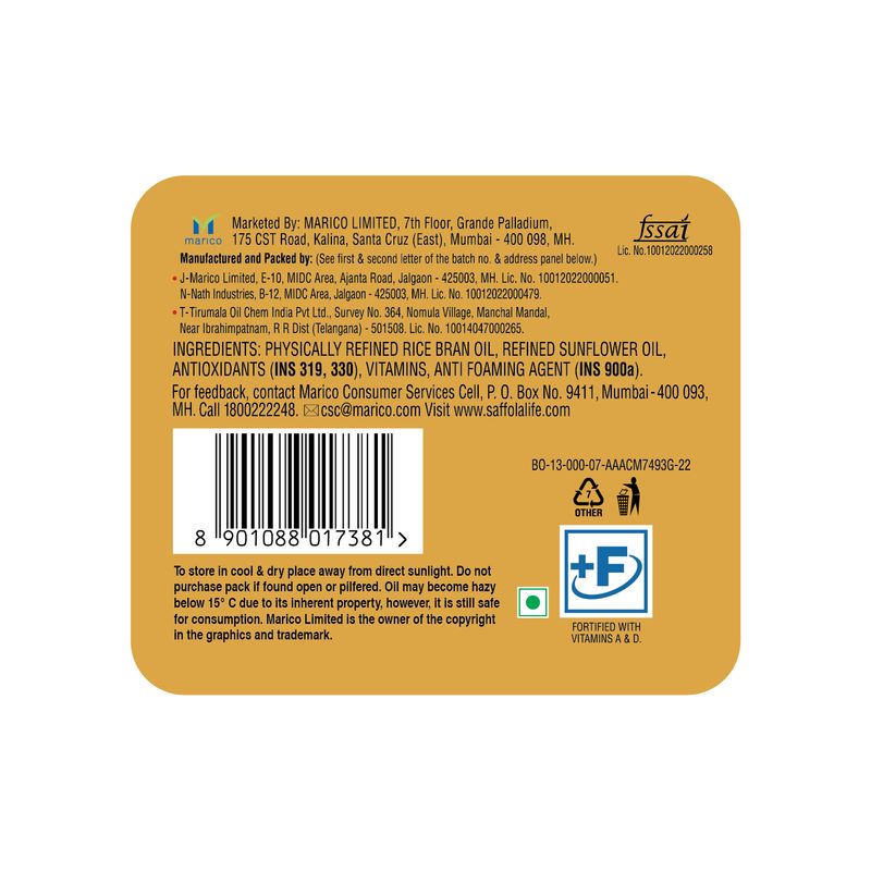 Saffola Gold Refined Cooking oil | Power of 3 - Balance of Good Fats, Triple Anti-Oxidant System & Fortified with Vitamins | Multi-Source Edible Rice Bran & Sunflower Oil | 1 Litre Pouch