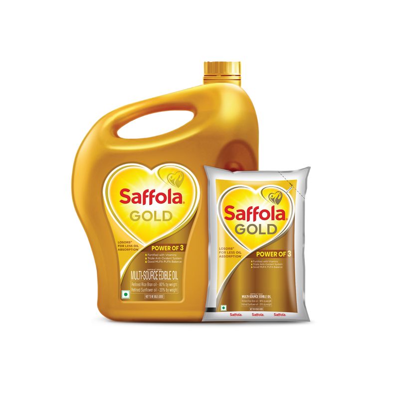 Saffola Gold Refined Oil|Blend of Rice Bran Oil & Sunflower Oil|Cooking Oil| Pro Healthy Lifestyle Edible Oil 5L Jar +1L Pouch