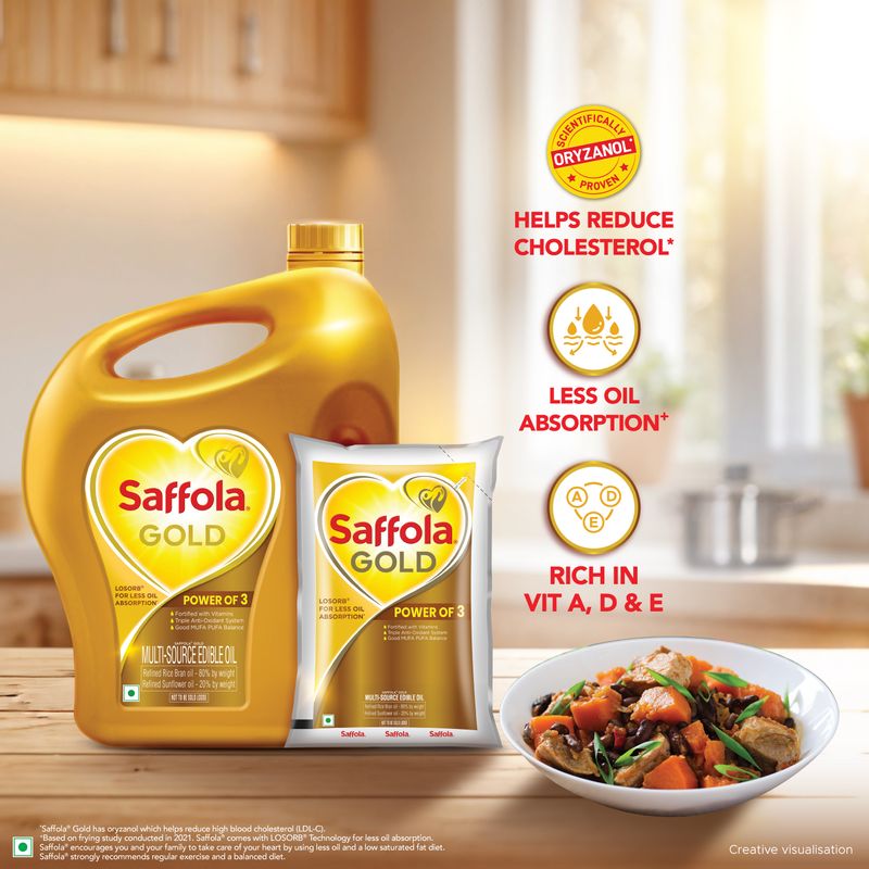 Saffola Gold Refined Oil|Blend of Rice Bran Oil & Sunflower Oil|Cooking Oil| Pro Healthy Lifestyle Edible Oil 5L Jar +1L Pouch