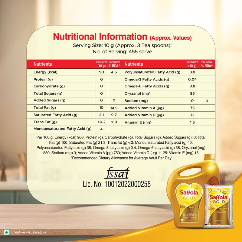 Saffola Gold Refined Oil|Blend of Rice Bran Oil & Sunflower Oil|Cooking Oil| Pro Healthy Lifestyle Edible Oil 5L Jar +1L Pouch