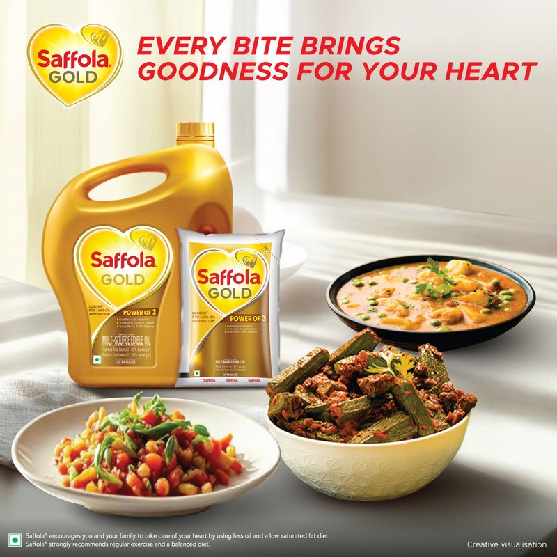 Saffola Gold Refined Oil|Blend of Rice Bran Oil & Sunflower Oil|Cooking Oil| Pro Healthy Lifestyle Edible Oil 5L Jar +1L Pouch