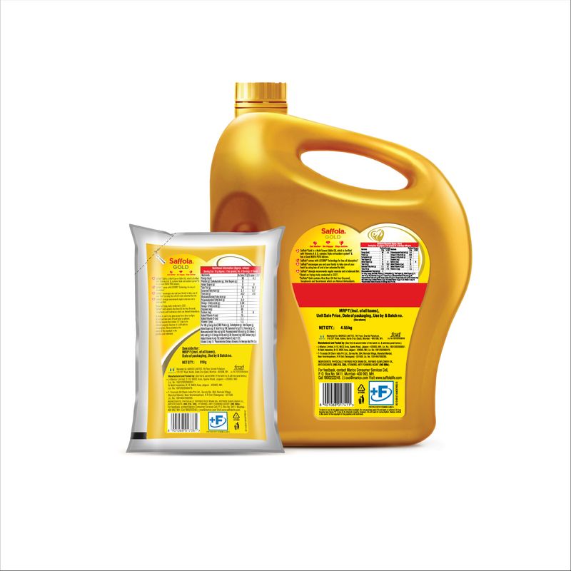 Saffola Gold Refined Oil|Blend of Rice Bran Oil & Sunflower Oil|Cooking Oil| Pro Healthy Lifestyle Edible Oil 5L Jar +1L Pouch