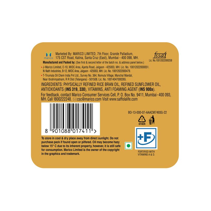 Saffola Gold Refined Oil|Blend of Rice Bran Oil & Sunflower Oil|Cooking Oil| Pro Healthy Lifestyle Edible Oil 5L Jar +1L Pouch