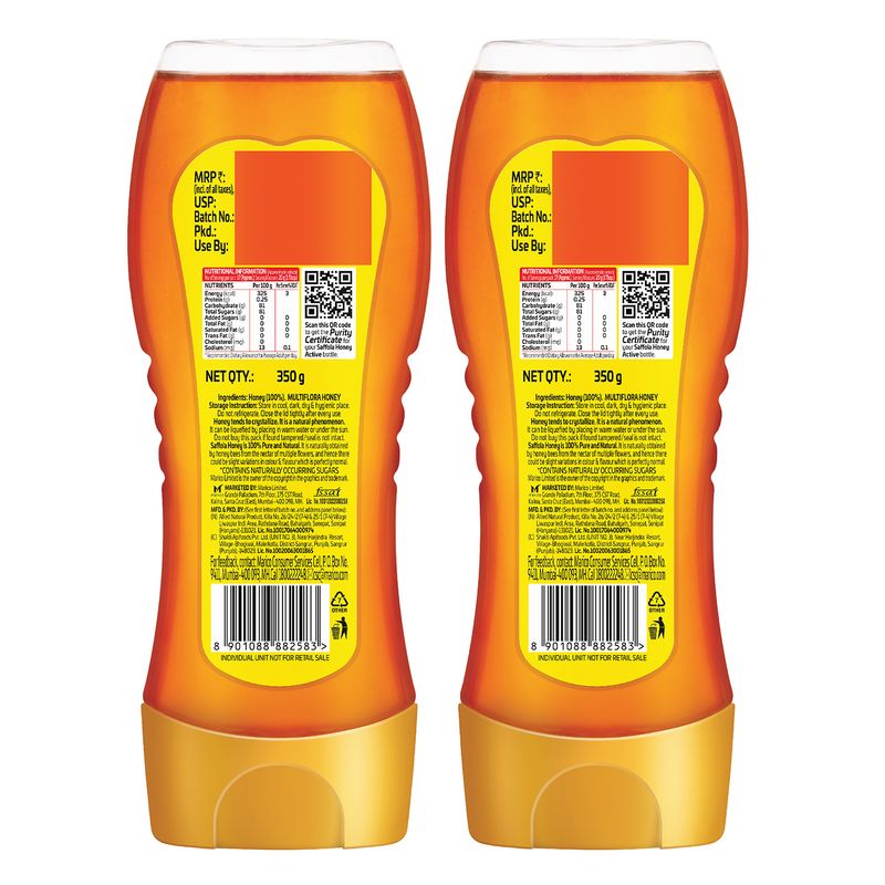 Saffola Honey Active,Made with Sundarban Forest Honey,100% Pure Honey,No sugar adulteration,Natural Immunity booster,Squeezy pack 2 x 350g (Buy 1 Get 1)