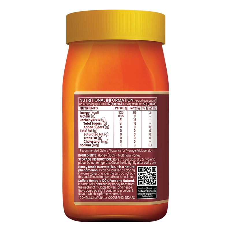 Saffola Honey Active, Made with Sundarban Forest Honey, 100% Pure Honey, No sugar adulteration,  Natural Immunity booster, 1Kg