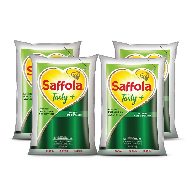 Saffola Tasty + Refined Cooking Oil | Multi-Source Edible Rice Bran & Corn oil | 50% More Oryzanol | 4 x 1 Litre Pouch