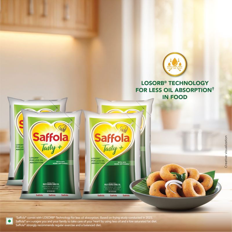 Saffola Tasty + Refined Cooking Oil | Multi-Source Edible Rice Bran & Corn oil | 50% More Oryzanol | 4 x 1 Litre Pouch