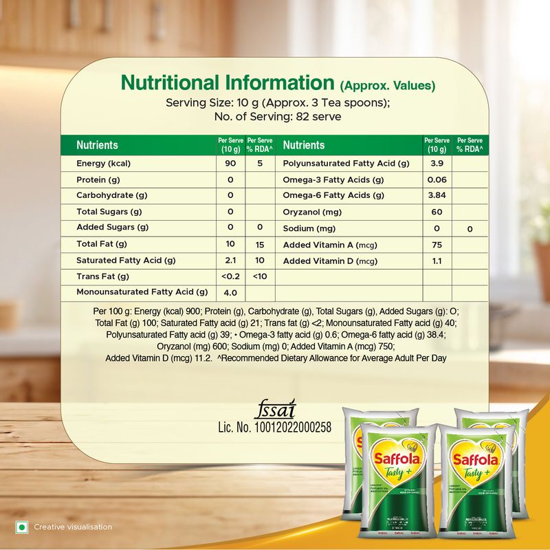 Saffola Tasty + Refined Cooking Oil | Multi-Source Edible Rice Bran & Corn oil | 50% More Oryzanol | 4 x 1 Litre Pouch
