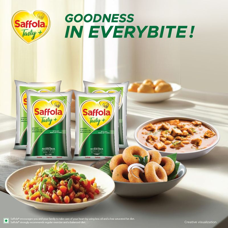 Saffola Tasty + Refined Cooking Oil | Multi-Source Edible Rice Bran & Corn oil | 50% More Oryzanol | 4 x 1 Litre Pouch