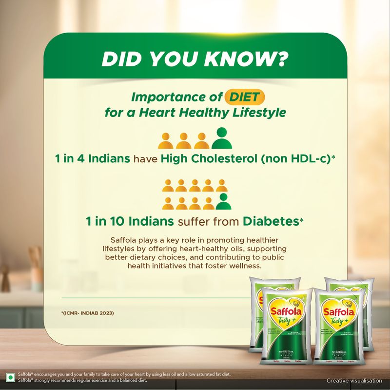 Saffola Tasty + Refined Cooking Oil | Multi-Source Edible Rice Bran & Corn oil | 50% More Oryzanol | 4 x 1 Litre Pouch