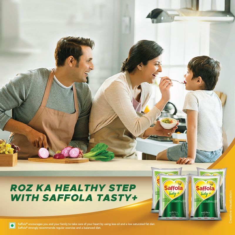 Saffola Tasty + Refined Cooking Oil | Multi-Source Edible Rice Bran & Corn oil | 50% More Oryzanol | 4 x 1 Litre Pouch