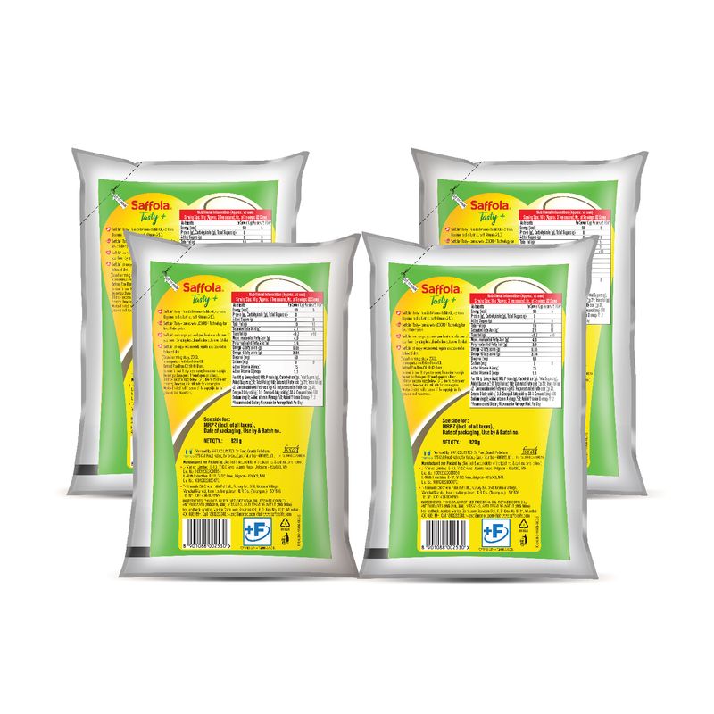Saffola Tasty + Refined Cooking Oil | Multi-Source Edible Rice Bran & Corn oil | 50% More Oryzanol | 4 x 1 Litre Pouch