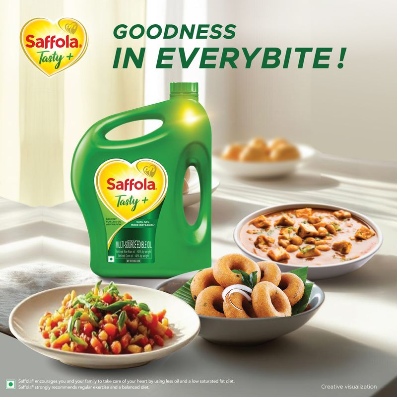 Saffola Tasty + Refined Cooking Oil | Multi-Srouce Edible Rice Bran & Corn Oil | 50% More Oryzanol | 5 Litre Jar