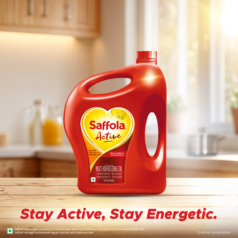 Saffola Active Refined Cooking oil | Rich in Omega 3 & Oryzanol | Multi-Source Edible Rice Bran & SoyaBean oil | 5 Litre Jar