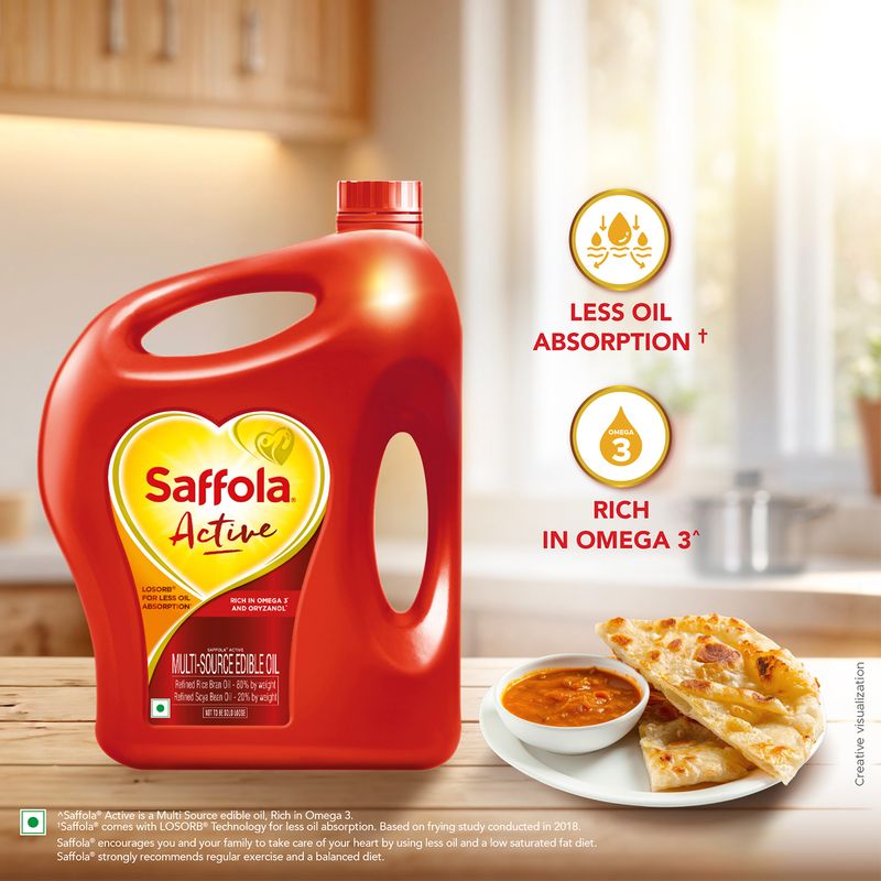 Saffola Active Refined Cooking oil | Rich in Omega 3 & Oryzanol | Multi-Source Edible Rice Bran & SoyaBean oil | 5 Litre Jar