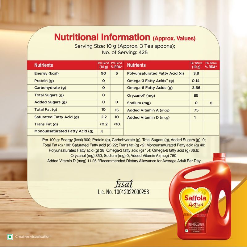 Saffola Active Refined Cooking oil | Rich in Omega 3 & Oryzanol | Multi-Source Edible Rice Bran & SoyaBean oil | 5 Litre Jar