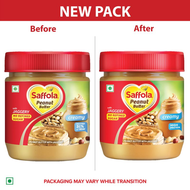 Saffola Peanut Butter with Jaggery Creamy, 350g | High Protein Peanut Butter | Only Jaggery, No Refined Sugar