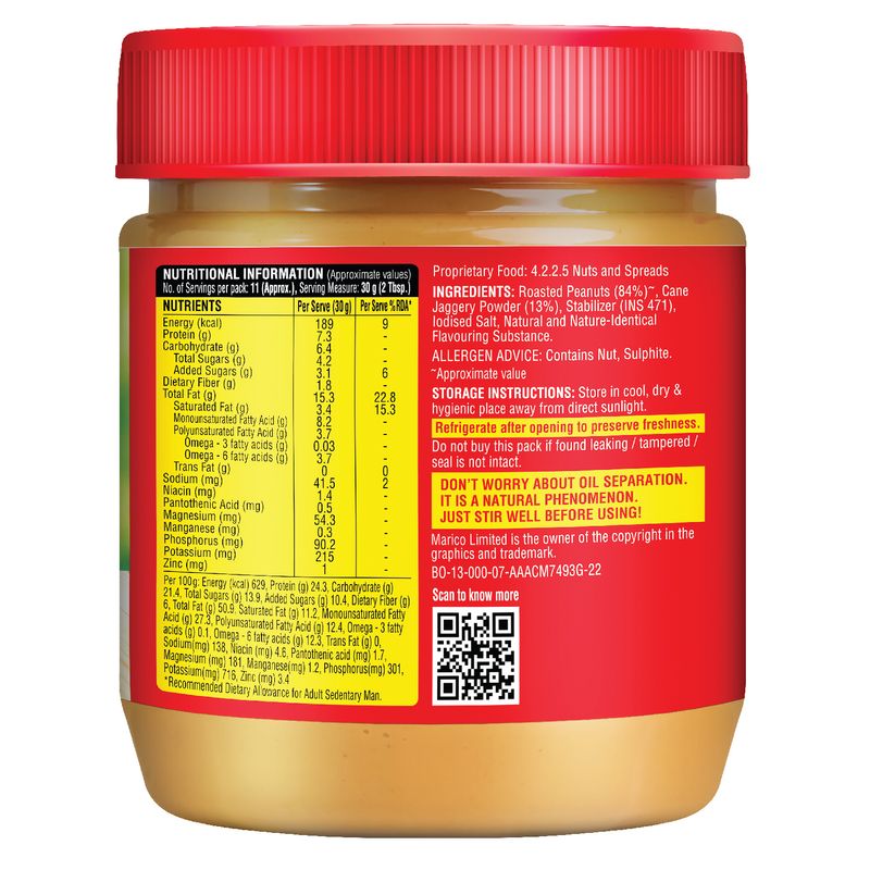 Saffola Peanut Butter with Jaggery Creamy, 350 gm | High Protein Peanut Butter | Only Jaggery, No Refined Sugar