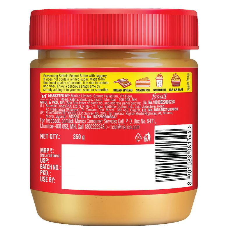 Saffola Peanut Butter with Jaggery Creamy, 350g | High Protein Peanut Butter | Only Jaggery, No Refined Sugar