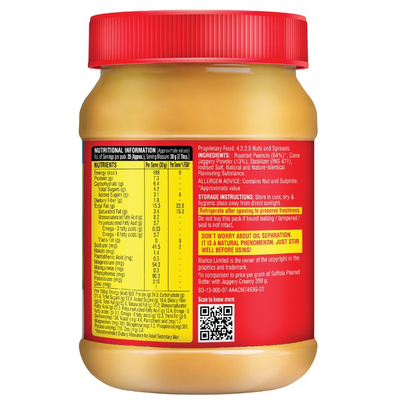 Saffola Peanut Butter with Jaggery Creamy, 850 gm | High Protein Peanut Butter | Only Jaggery, No Refined Sugar