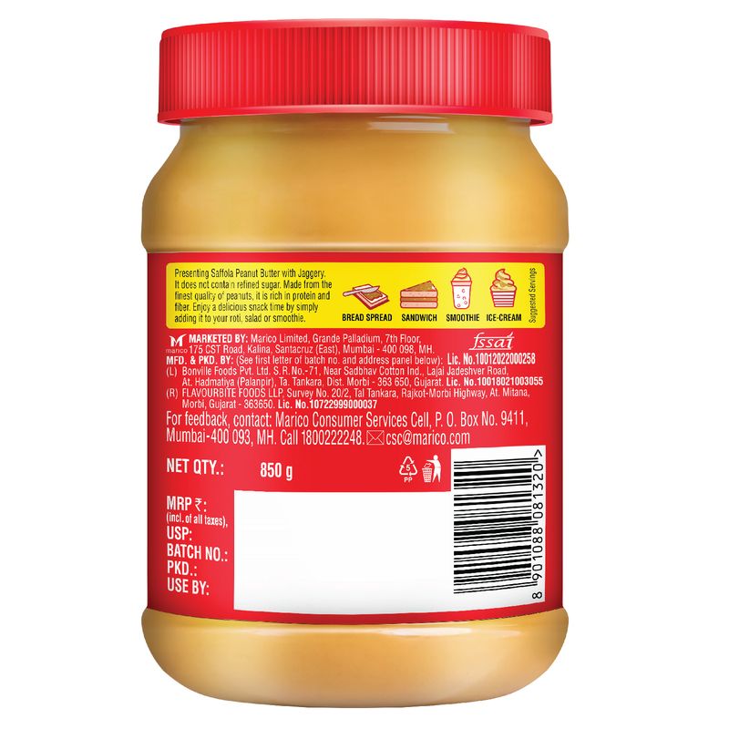 Saffola Peanut Butter with Jaggery Creamy, 850 gm | High Protein Peanut Butter | Only Jaggery, No Refined Sugar