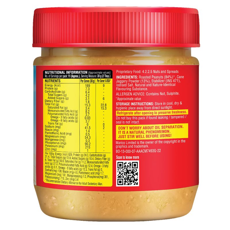 Saffola Peanut Butter with Jaggery Crunchy , 350 gm | High Protein Peanut Butter | Only Jaggery, No Refined Sugar