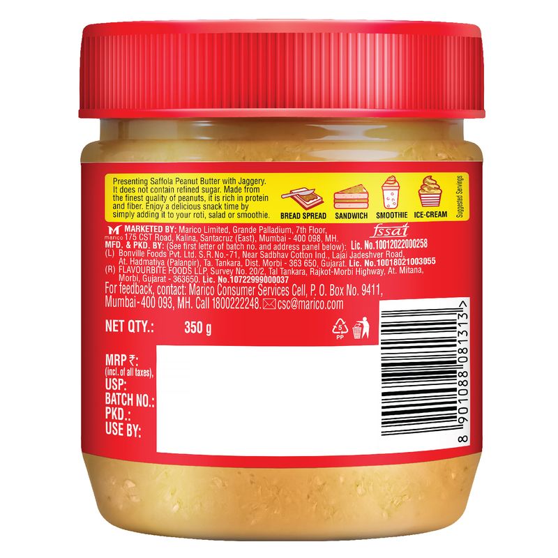 Saffola Peanut Butter with Jaggery Crunchy , 350 gm | High Protein Peanut Butter | Only Jaggery, No Refined Sugar