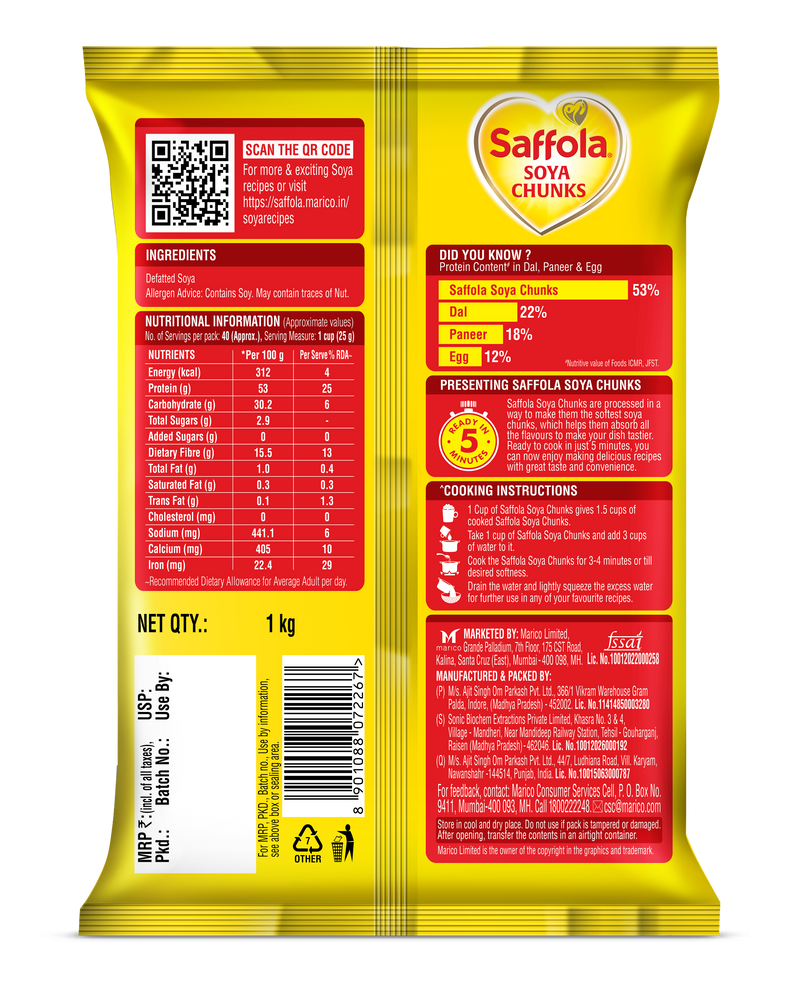 Saffola Soya Chunks, Tender & Juicy, 53% Protein, 1kg