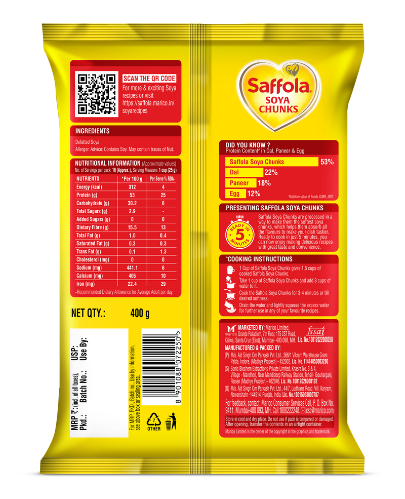 Saffola Soya Chunks,Tender & Juicy,53% Protein,400g