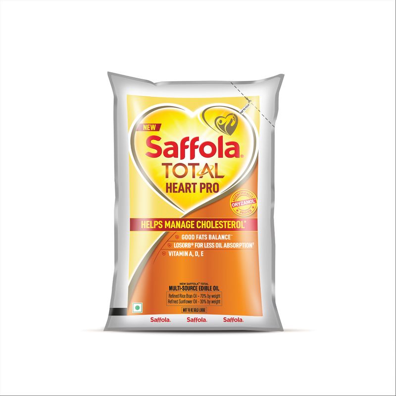 Saffola Total Oil | Heart Pro | Multi source Edible Oil (Blend of Refined Ricebran oil & Refined Sunflower oil) | Power of 6 | Helps Manage Cholesterol | 1 Litre Pouch