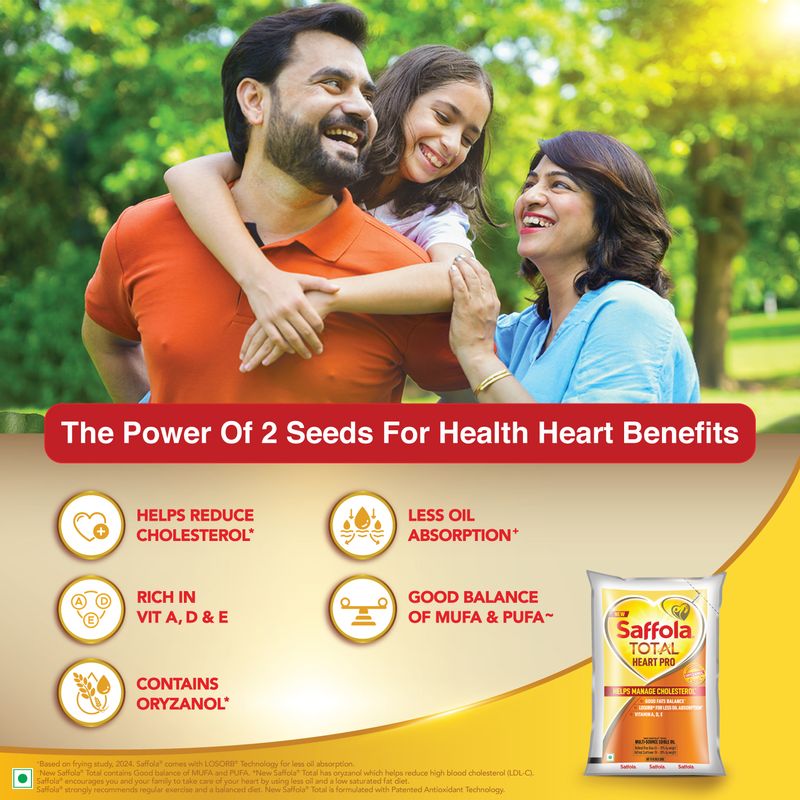 Saffola Total Oil | Heart Pro | Multi source Edible Oil (Blend of Refined Ricebran oil & Refined Sunflower oil) | Power of 6 | Helps Manage Cholesterol | 1 Litre Pouch