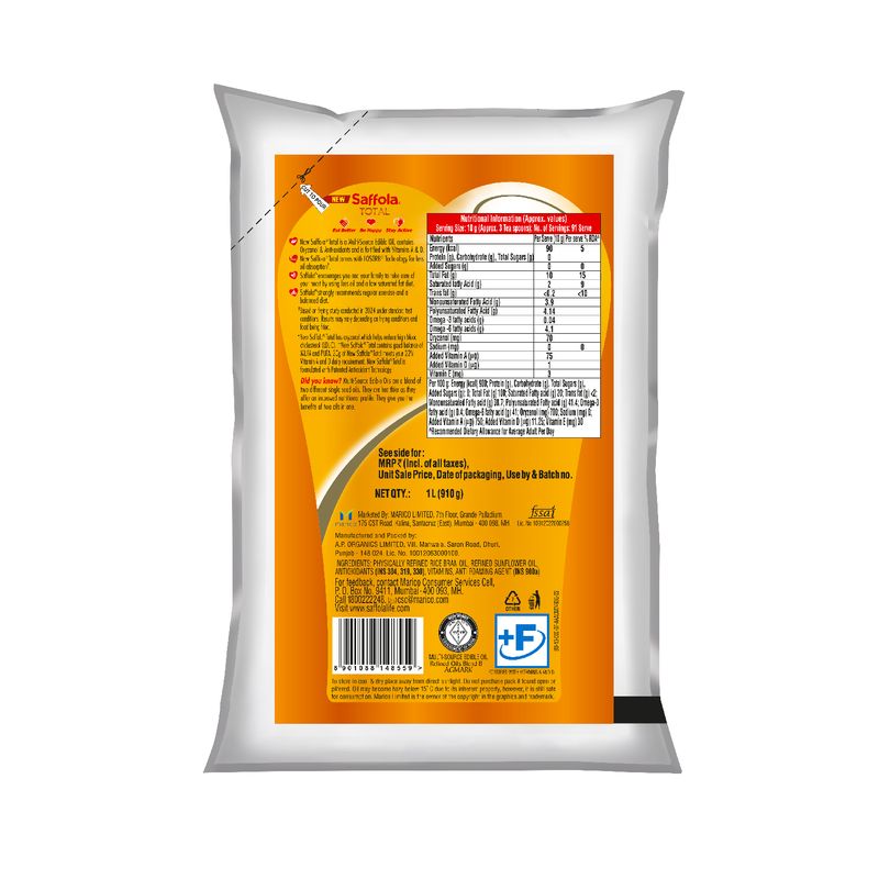 Saffola Total Oil | Heart Pro | Multi source Edible Oil (Blend of Refined Ricebran oil & Refined Sunflower oil) | Power of 6 | Helps Manage Cholesterol | 1 Litre Pouch