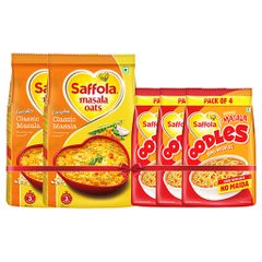 Classic Masala Oats 500g (Pack of 2) + Saffola Oodles, Instant Noodles, Ring Shape, Yummy Masala Flavour, No Maida, Whole Grain Oats, 12 x 53g Pouch (12 Serves)
