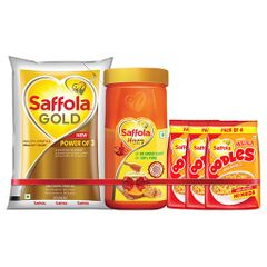 Saffola Gold 1L + Honey 1Kg + Saffola Oodles, Instant Noodles, Ring Shape, Yummy Masala Flavour, No Maida, Whole Grain Oats, 12 x 53g Pouch (12 Serves)