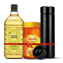 Saffola Aura Refined Oil, 2L + Saffola Honey 1Kg + Digital Flask Free
