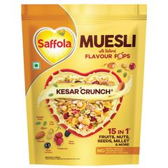 Saffola Muesli Kesar Crunch with Flavour Pops, 450g | 15 in 1 Fruit and Nuts, Seeds, Millet & more