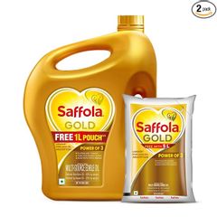 Saffola Gold Refined Oil|Blend of Rice Bran Oil & Sunflower Oil|Cooking Oil| Pro Healthy Lifestyle Edible Oil 5L Jar +1L Pouch